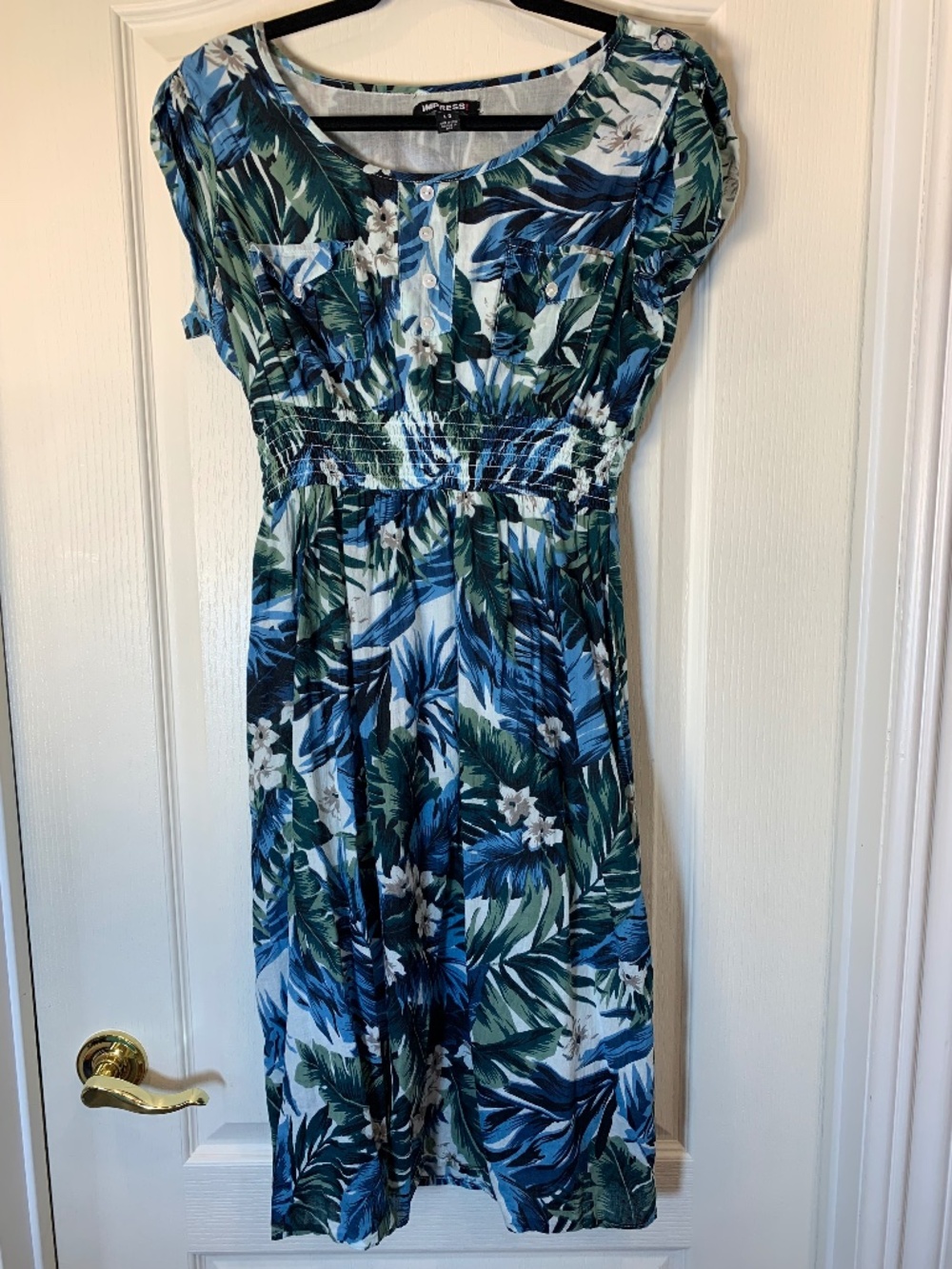 Impress Tropical Print Dress Size Large Blue Green Smocked Waist Summer Vacation